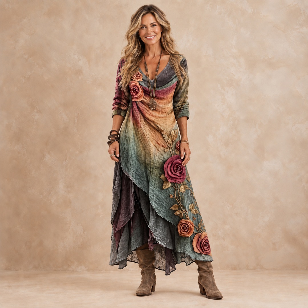 Model wearing a layered floral bohemian maxi dress with long sleeves in earthy tones
