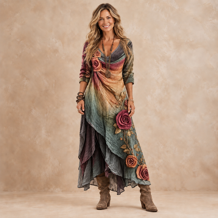 Model wearing a layered floral bohemian maxi dress with long sleeves in earthy tones
