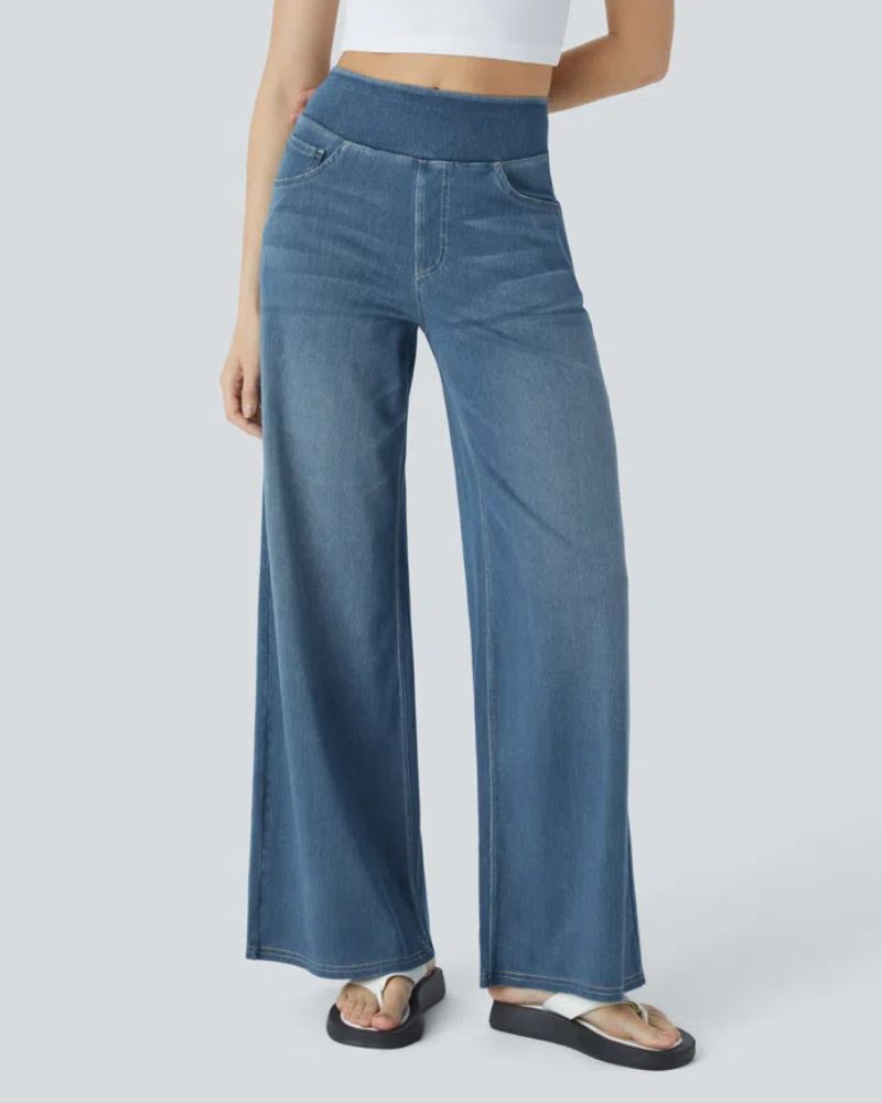 Model showcasing maya blue wide-leg jeans with a high waist fit