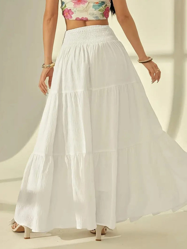White boho high waist tiered maxi skirt viewed from the back
