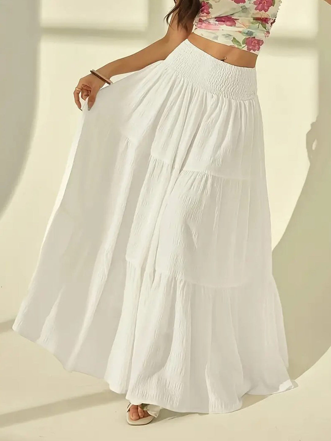 White boho high waist tiered maxi skirt viewed from the front
