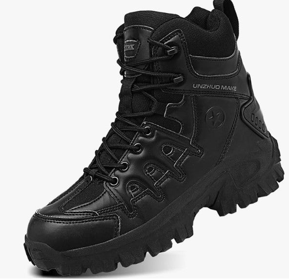 Black rugged high-top boots angle view showcasing grip sole