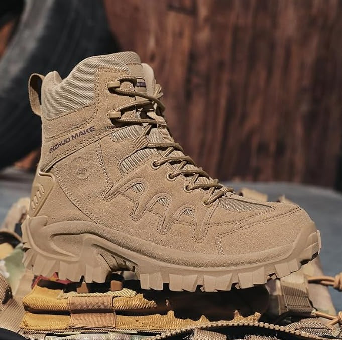 Back view of men's high-top outdoor boots highlighting heel support and pull tab