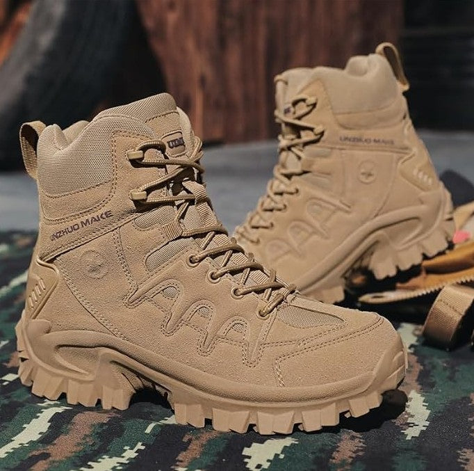 Khaki men's tactical boots showcasing side profile and durable rubber outsole