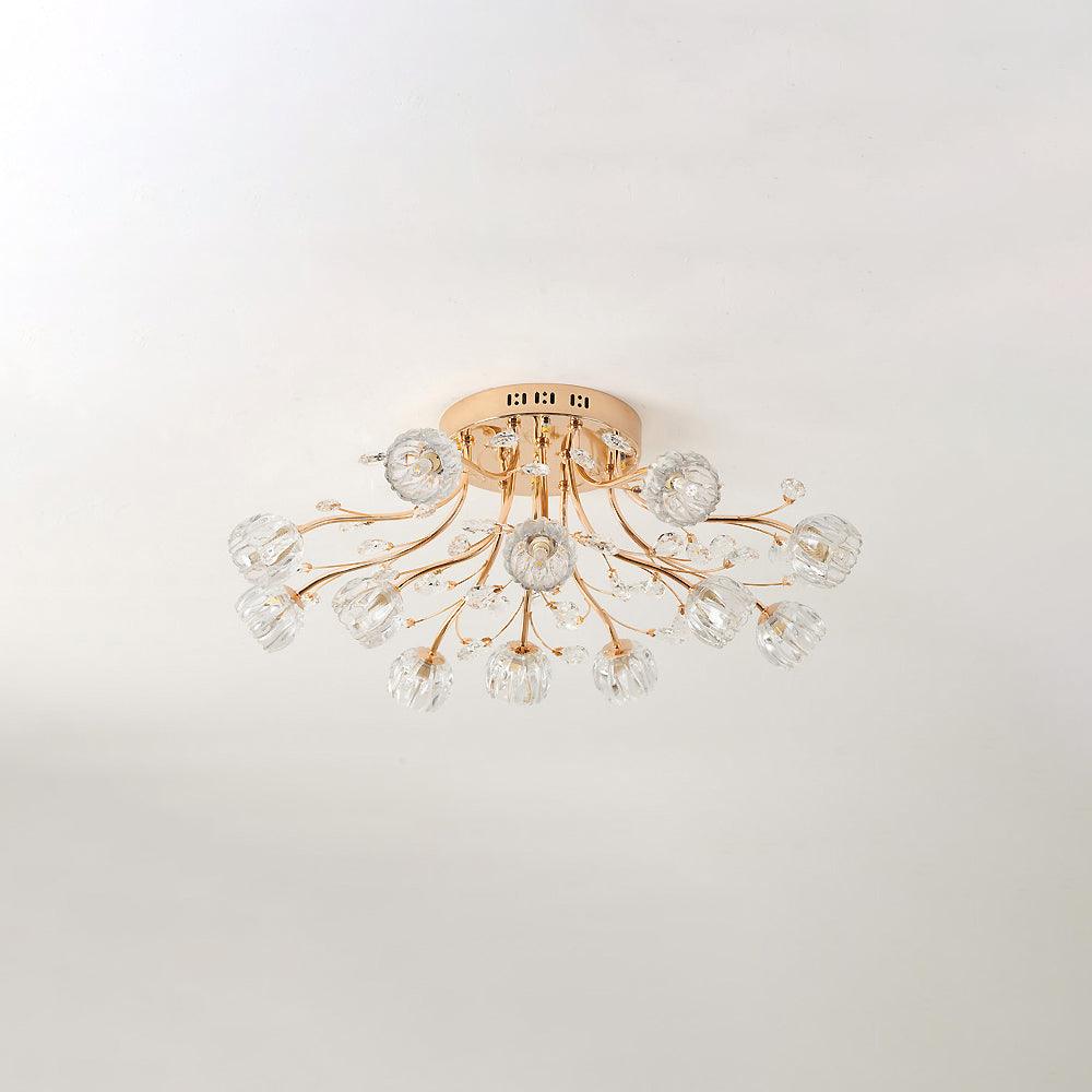 Detailed view of the branching crystal shade design on the gold flush mount ceiling light