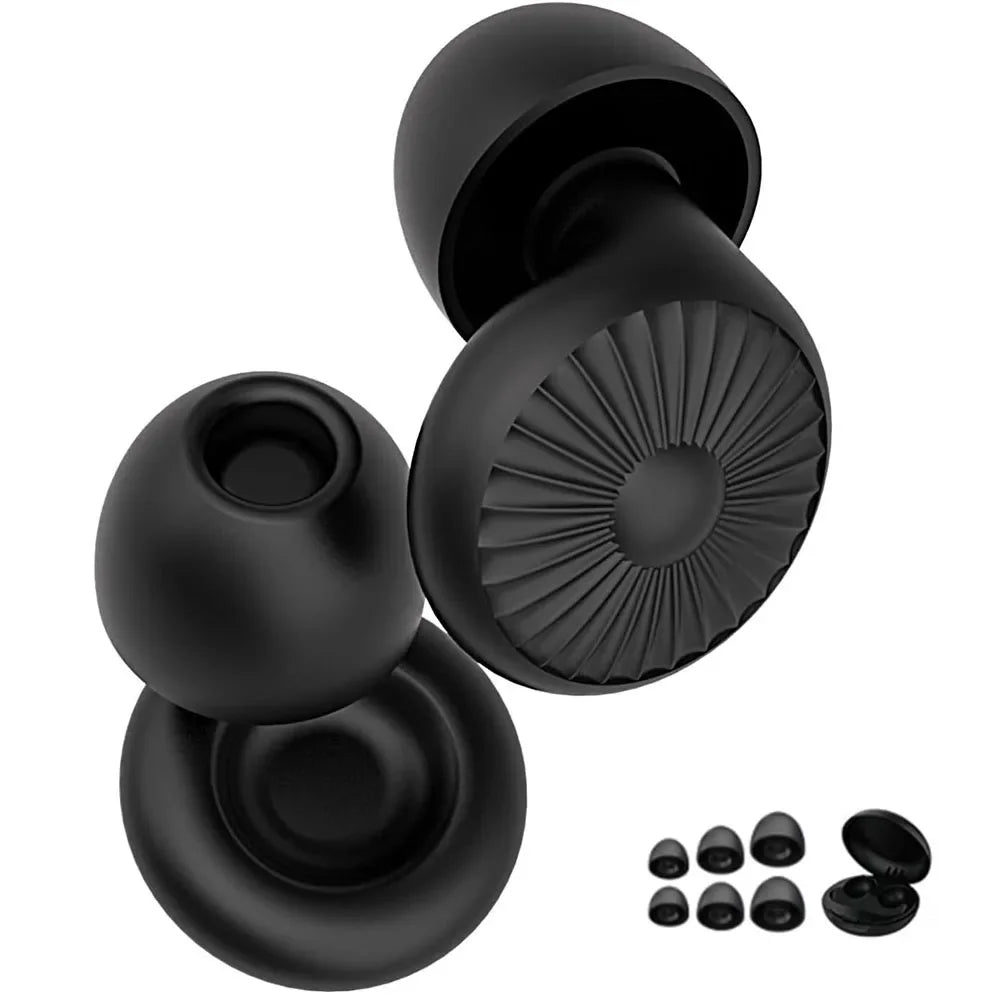 Black reusable silicone ear plugs with storage case