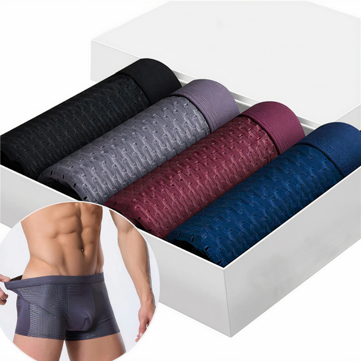 Men's boxer shorts in various colors neatly arranged in a gift box with a model wearing grey briefs