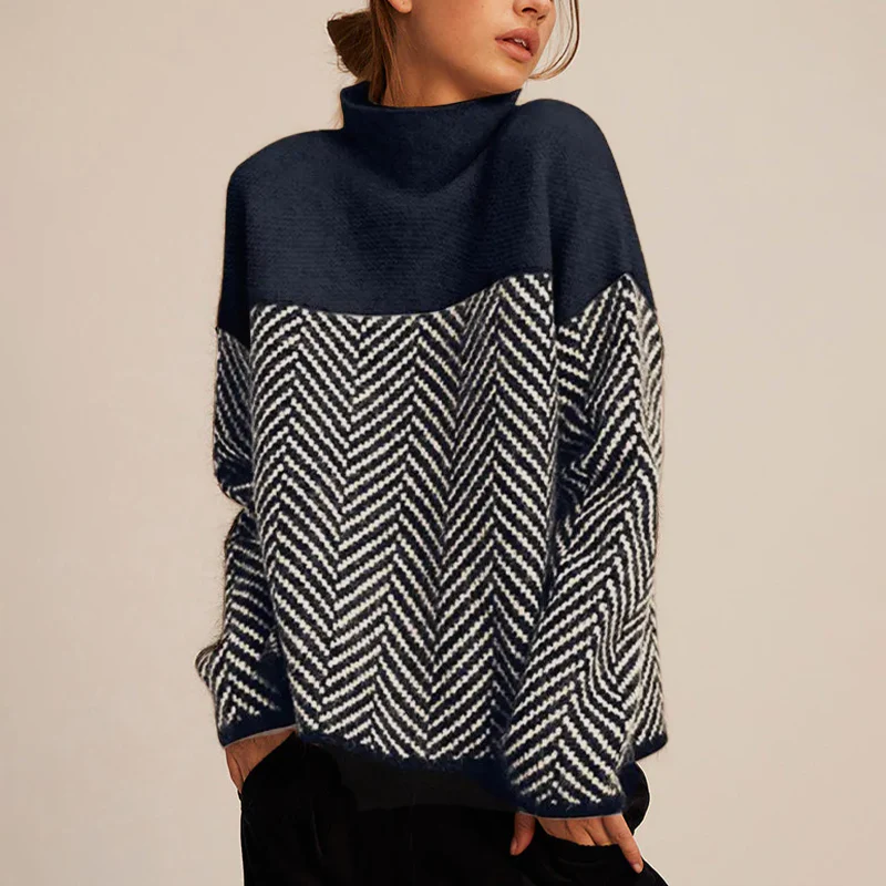 Woman wearing Navy Blue colorblock turtleneck sweater