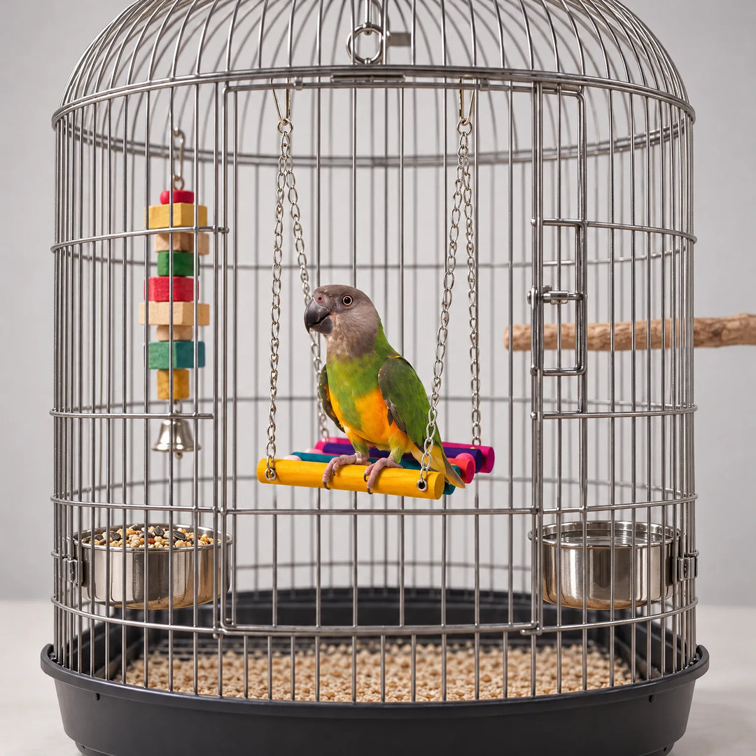 Colorful wooden hanging bird swing inside a metal cage with a parrot perched on it