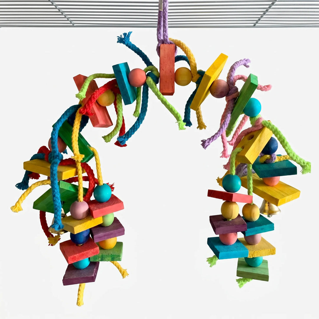 Colourful wooden chew toy for pet birds hanging from a wire cage top