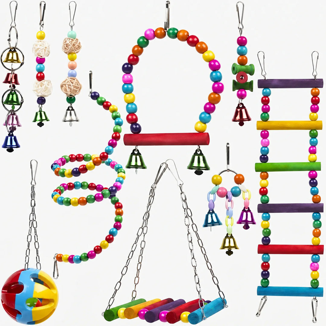 Full collection of multicoloured wooden bird cage toys and accessories