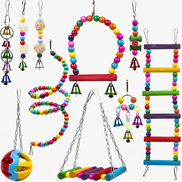 Full collection of multicoloured wooden bird cage toys and accessories