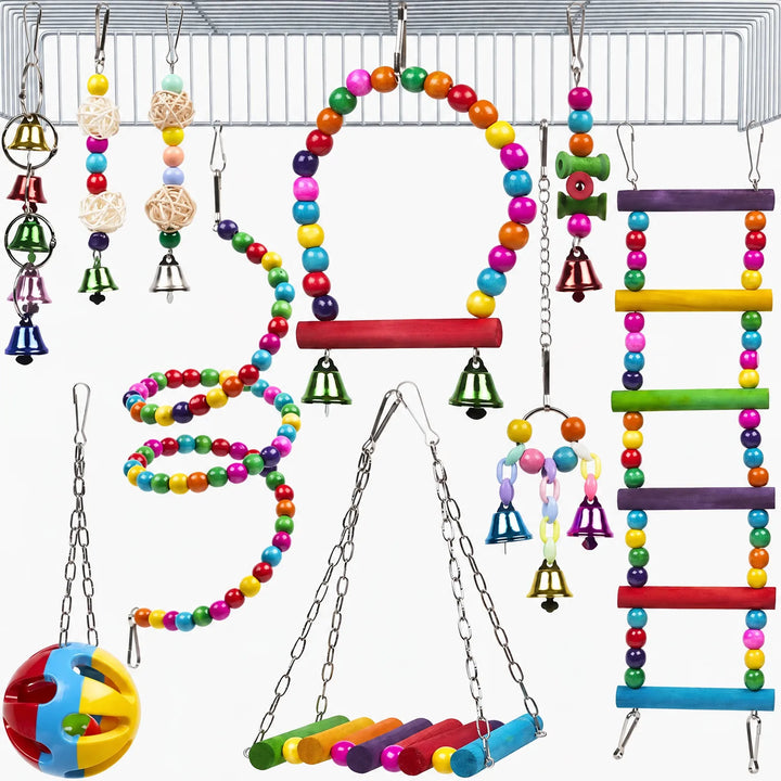 Assorted chew toys and swing for pet birds in vibrant colors