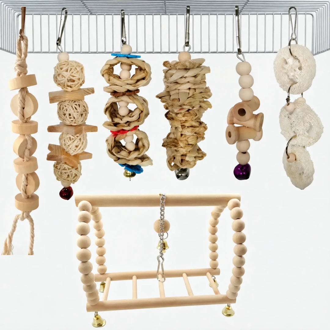 Hanging wooden bird toys for parrot cage enrichment and play