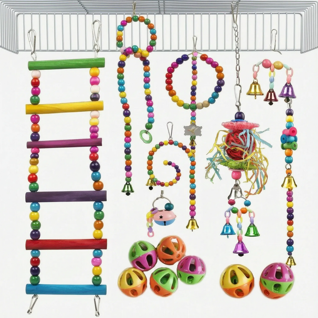 Set of colorful bird cage toys including bells and perches