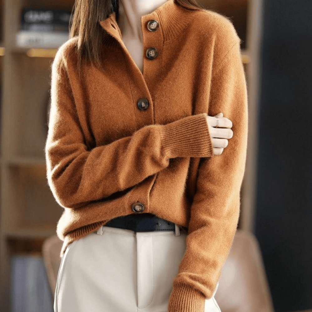 Women's button-up knit cardigan showing front closure detail and collar