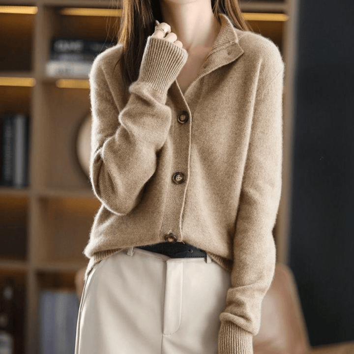 Back view of a casual collared knitwear cardigan for women