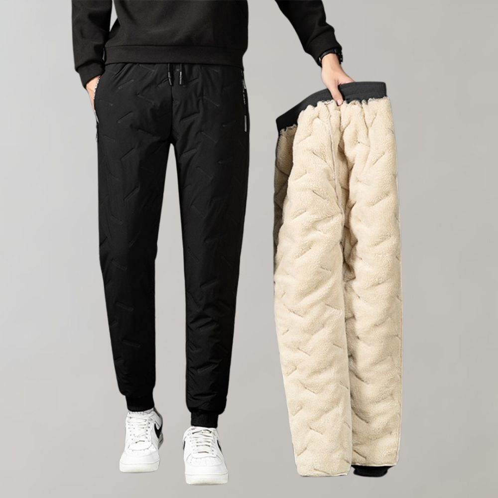 Close up of black winter trousers with warm interior