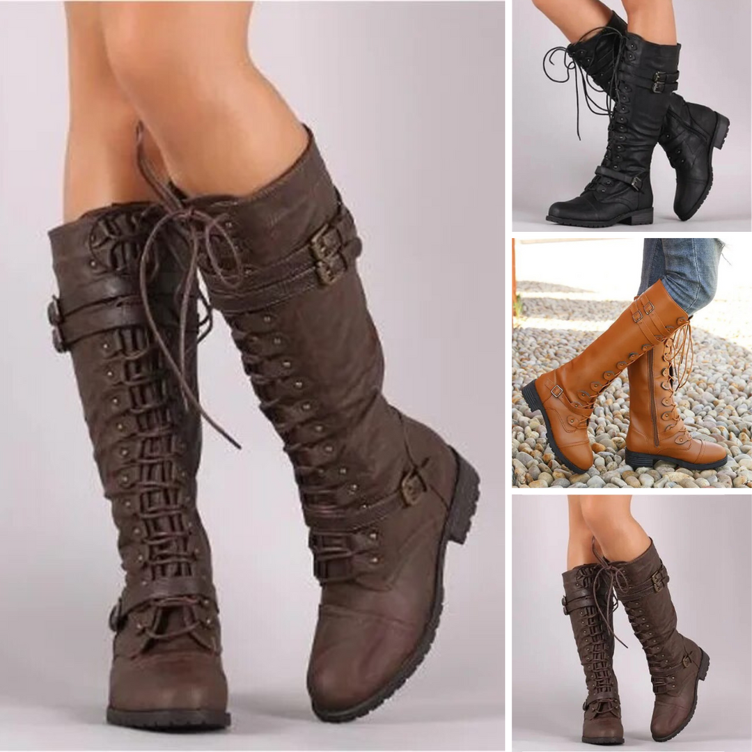 Side angle of women's retro buckle lace-up boots showing treaded sole and detailed stitching.