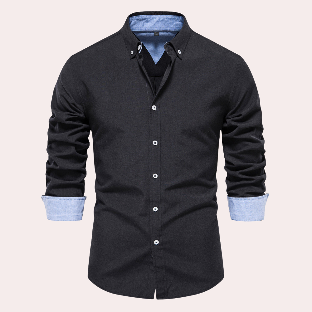Men's casual long sleeve shirt in black with contrast collar detail