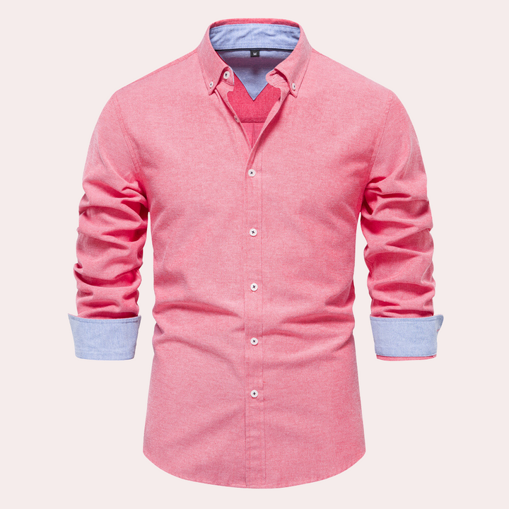 Close up of collar and button placket on a stylish mens casual shirt
