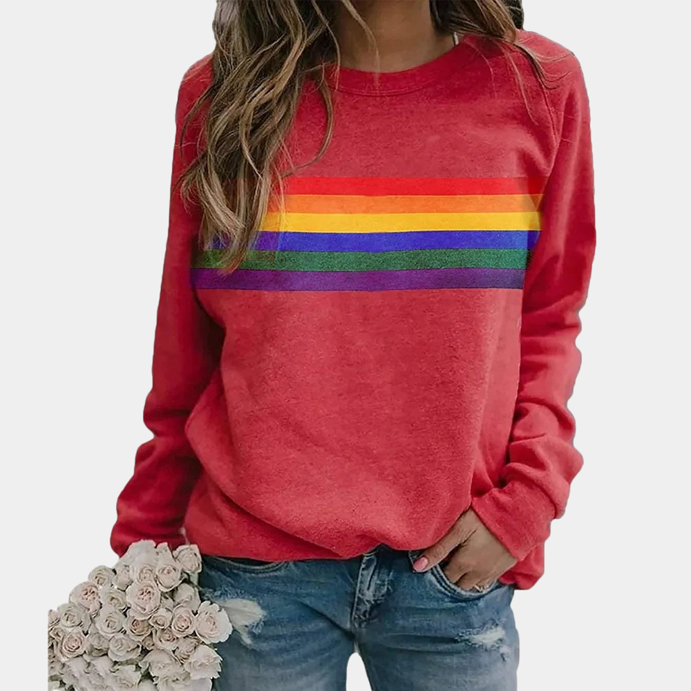 Back view of women's rainbow stripe cozy crewneck sweatshirt pullover
