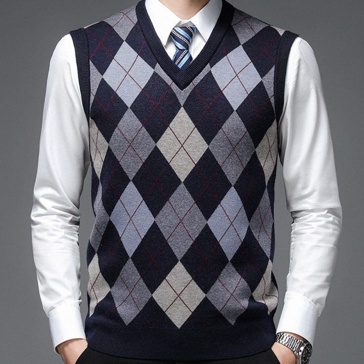 Men's dark blue argyle V-neck knit vest with classic diamond pattern
