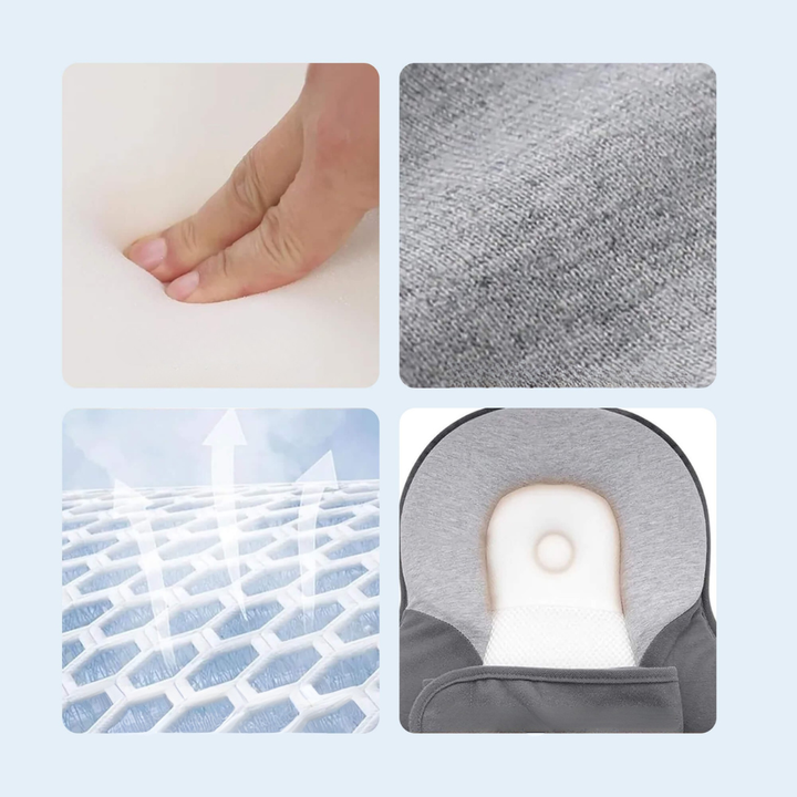 Close-up details of breathable fabric, foam density, and head support of the sleep pod