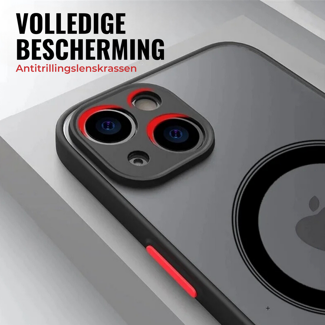 Close-up view of the camera lens protection and colored side buttons on the iPhone case