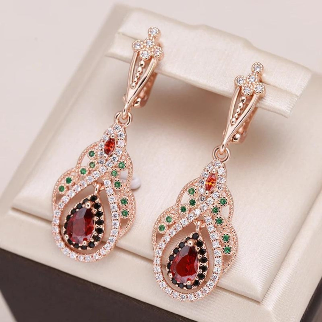 Gold mandala drop earrings for women with red zirconia stones
