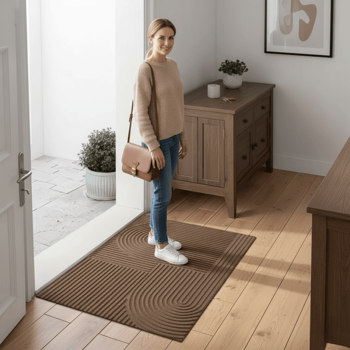 Absorbent washable doormat with flowing line pattern in entryway