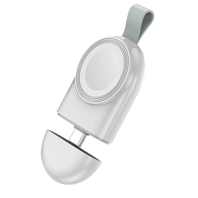 White cable-free magnetic smartwatch charger with protective cap and lanyard loop