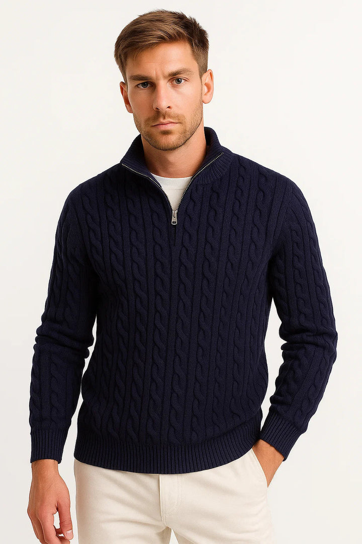 Men's quarter zip cable knit jumper in a classic casual design