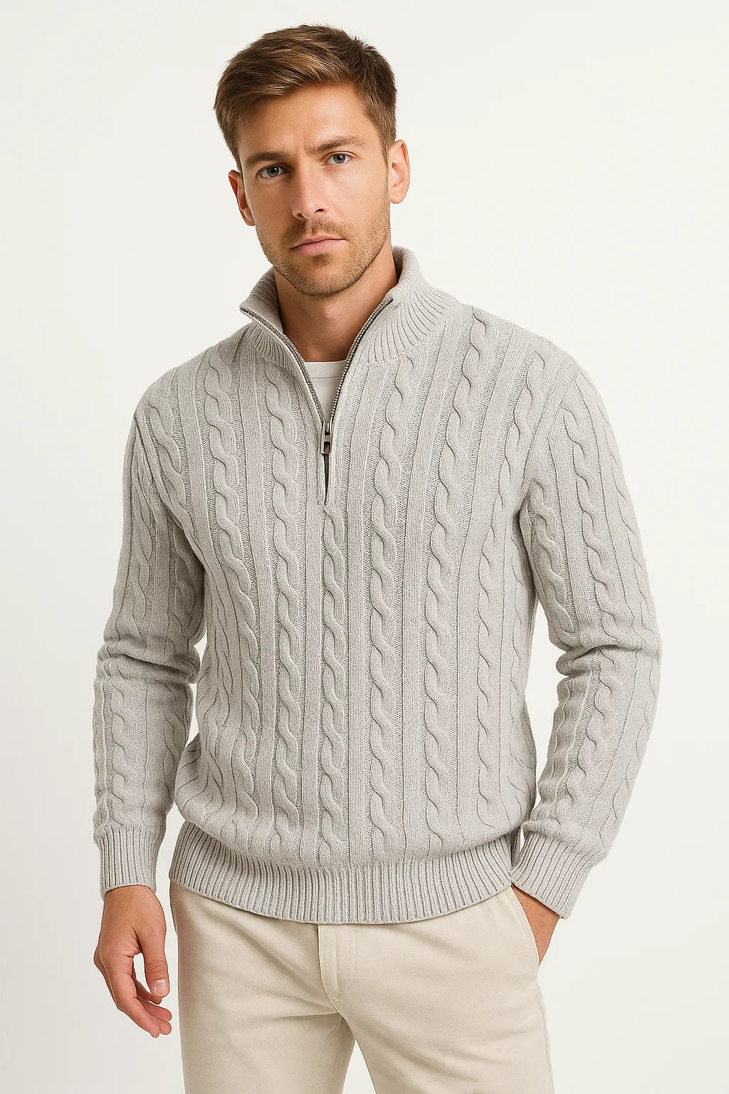 Close-up view of the warm winter sweater texture and zipper detail