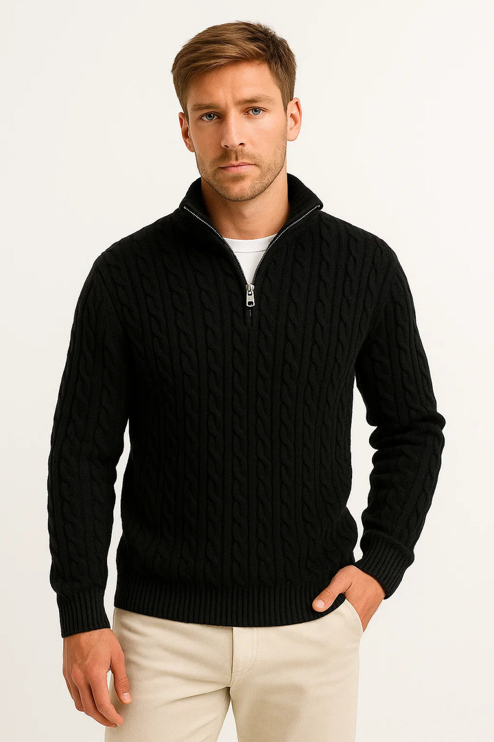 Stylish men's pullover sweater showing the ribbed collar and hem