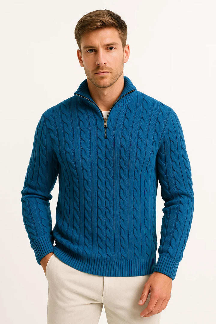 Back view of the mens quarter zip cable knit jumper in winter wear
