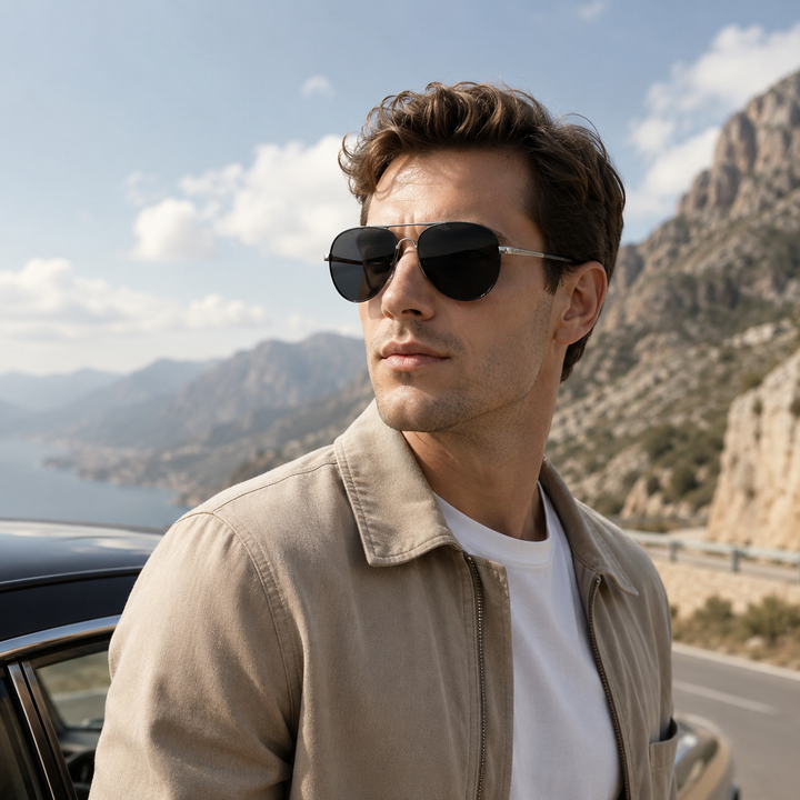 Complete view of men's polarised aviator sunglasses with UV400 lenses