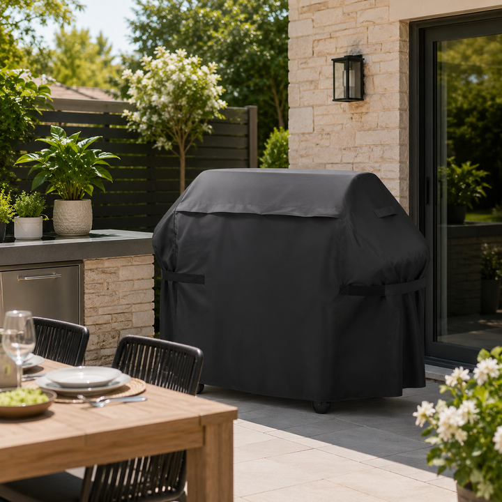 Fitted waterproof barbecue cover for patio and garden use