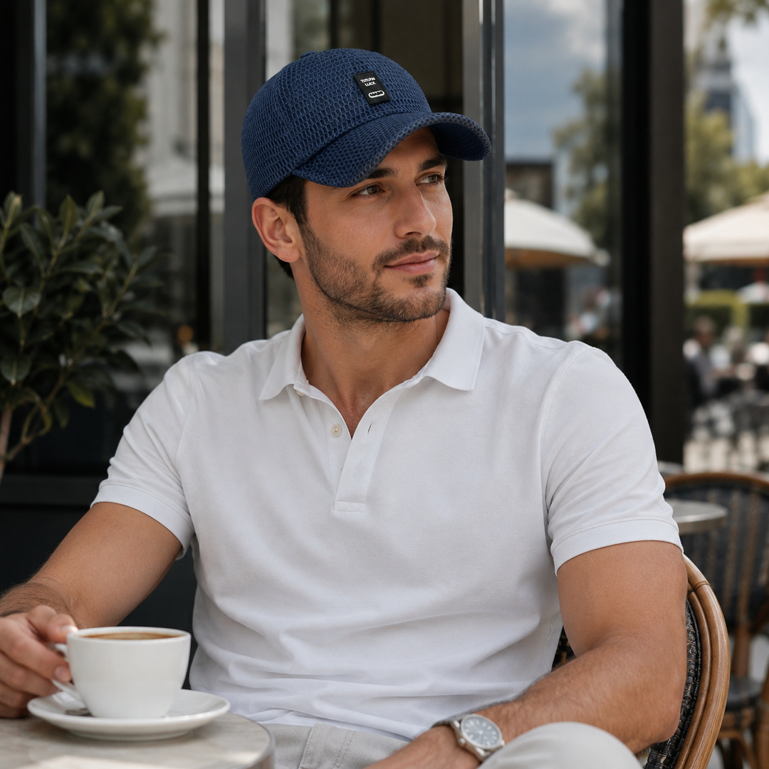 Side angle shot of mens sports cap highlighting durable stitching quality