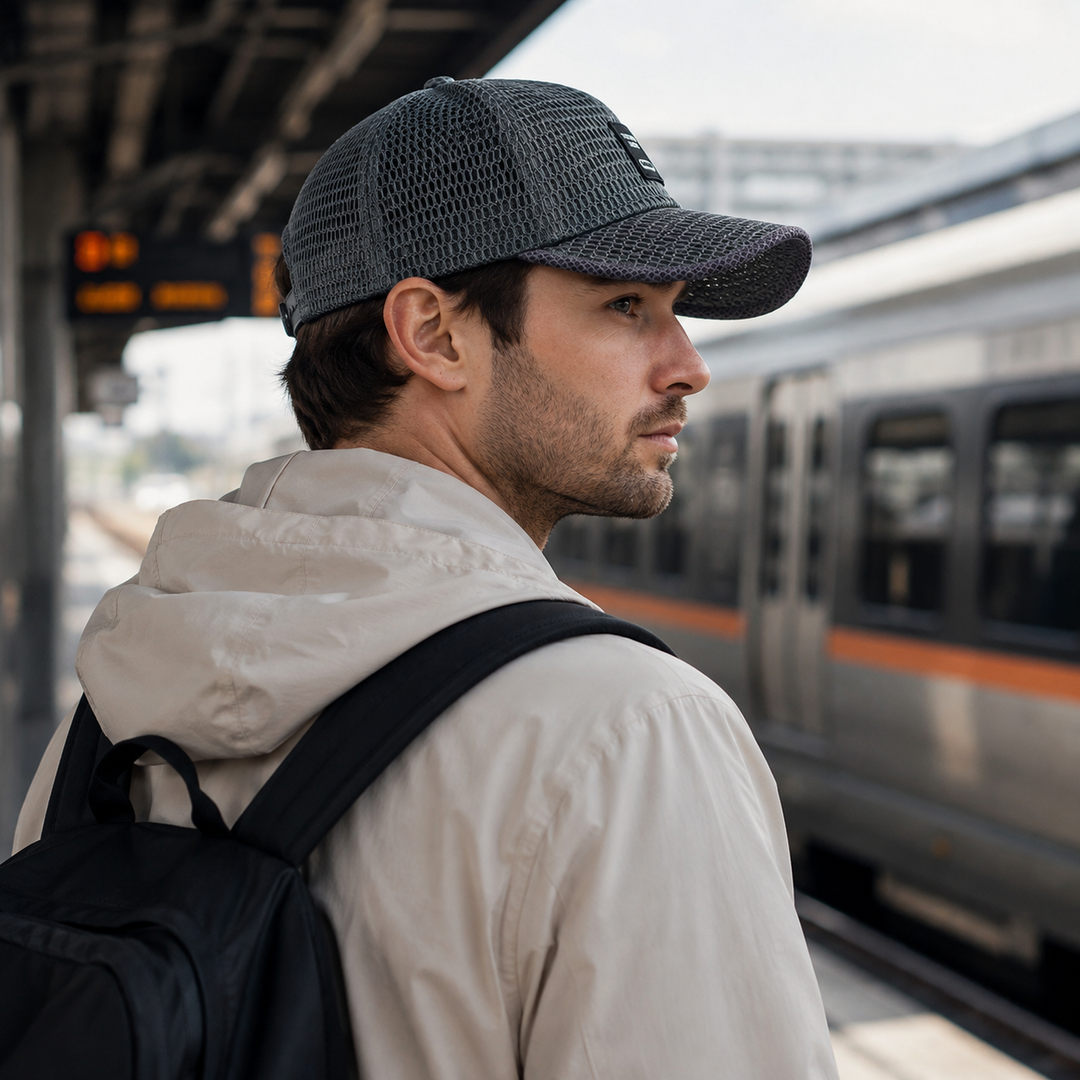 Angled front view of athletic baseball cap showcasing structured crown design
