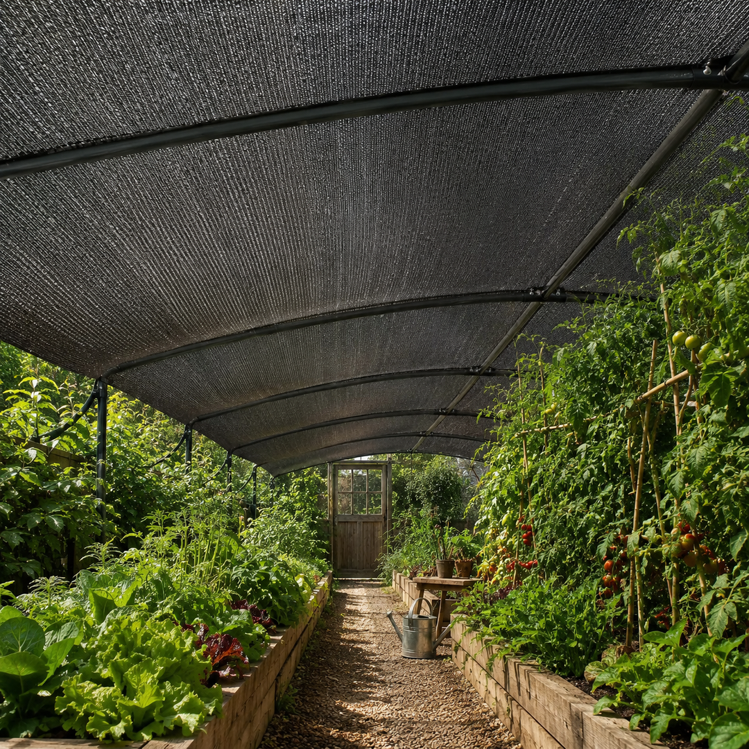 Black shade mesh installed over a lush greenhouse garden tunnel