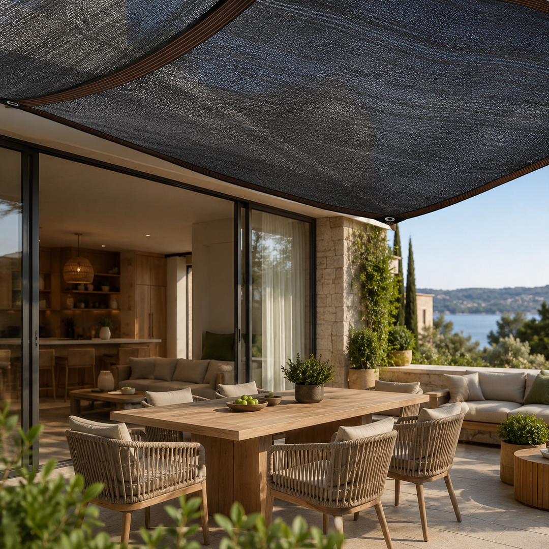 Heavy duty canopy installed as a stylish carport sun protection sail
