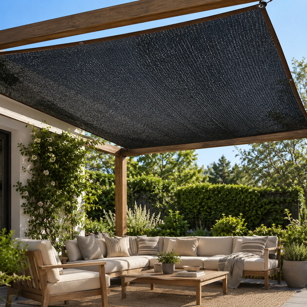 Black shade cloth hanging securely over an open-air outdoor kitchen