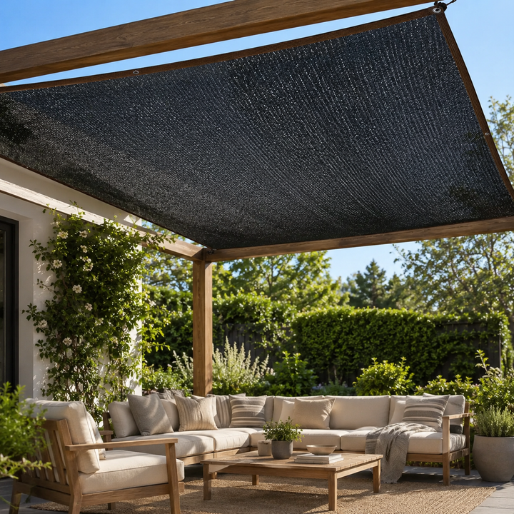 Black shade cloth hanging securely over an open-air outdoor kitchen