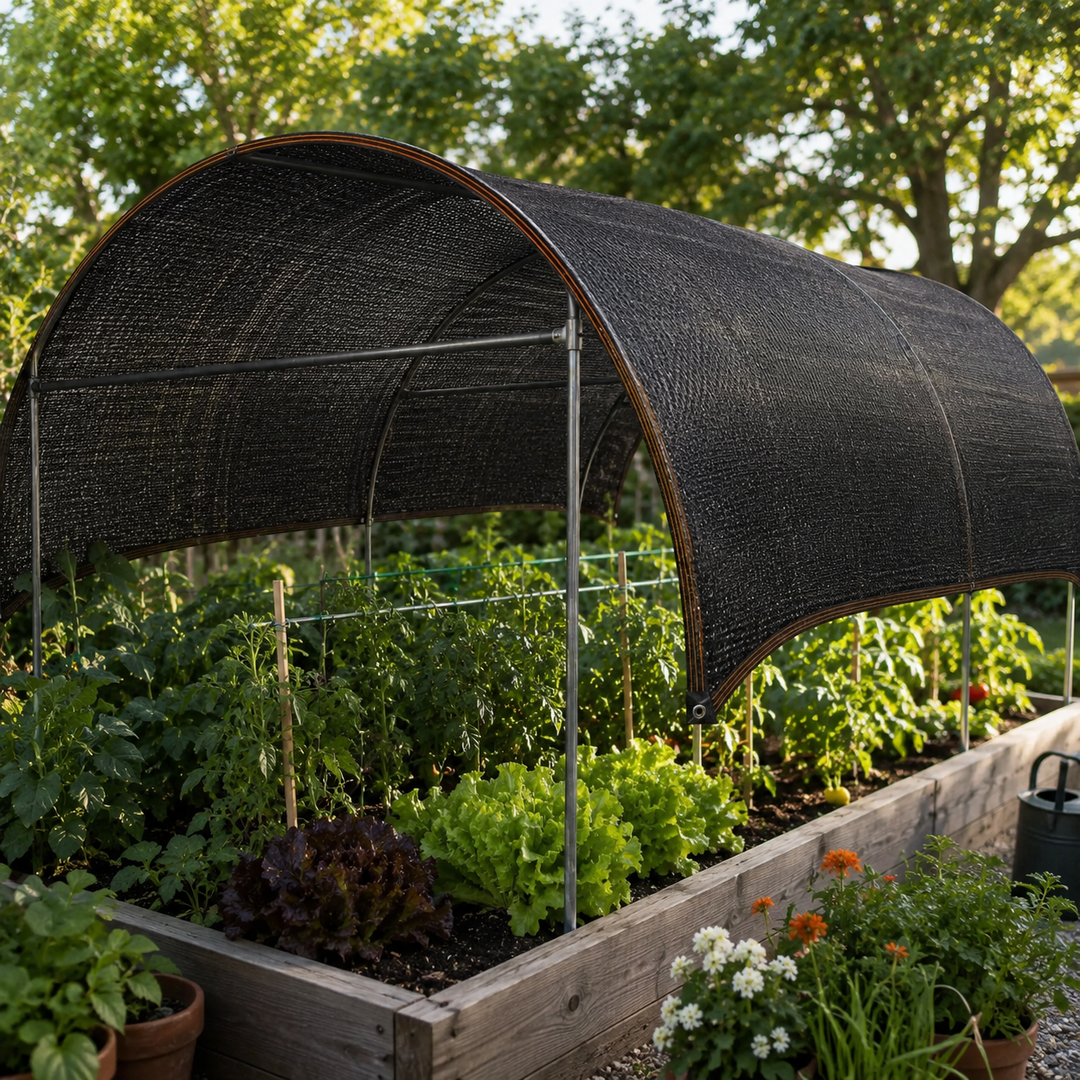 Greenhouse shade net deployed to shield delicate vegetables and flowers