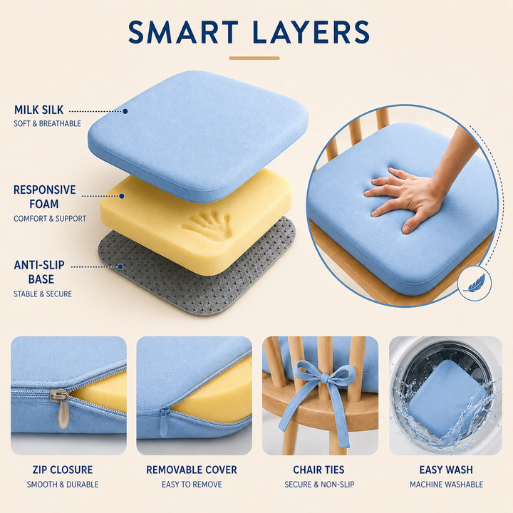 Ergonomic low profile square seat pad on a modern dining chair