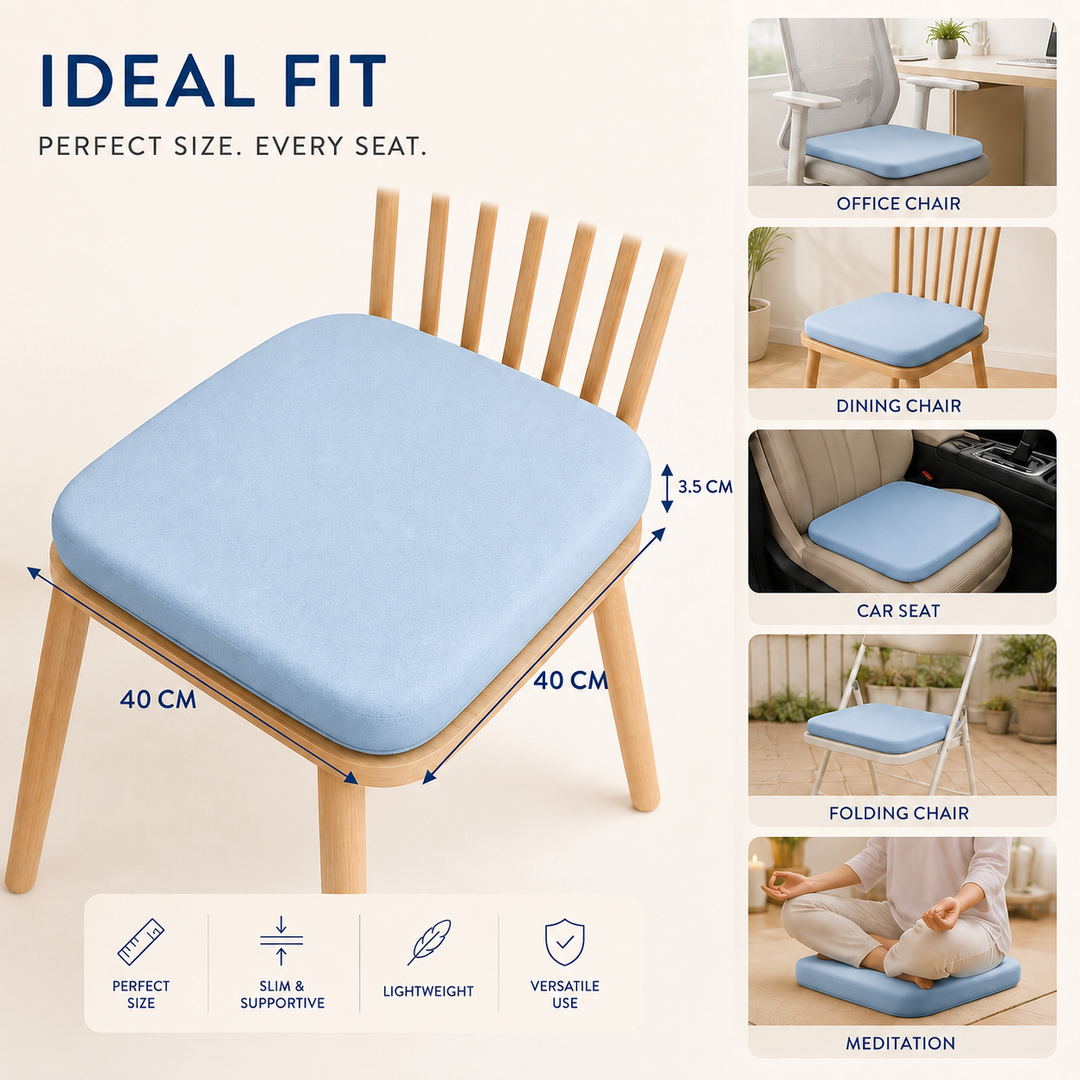 Light blue square seat pad showing dimensions of 40 x 40 x 3.5 cm and multi-use scenarios