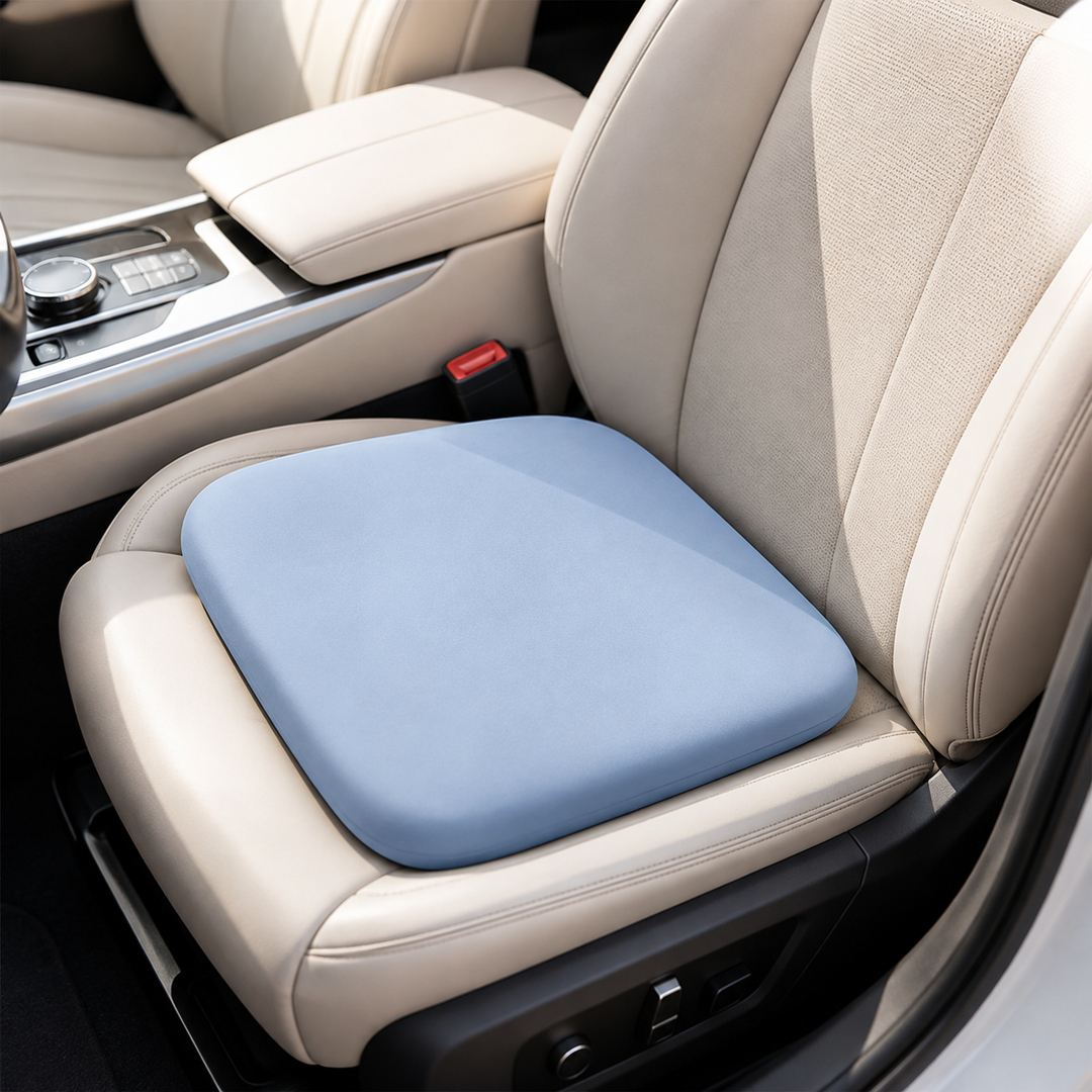 Square seat pad providing extra support on a plastic armchair