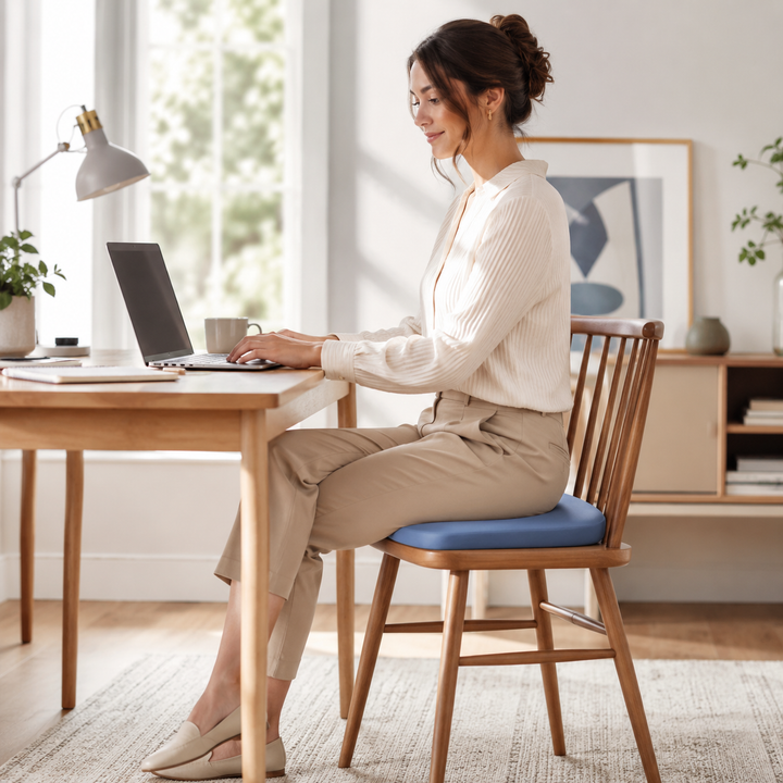 Ergonomic low profile cushion placed on a study room desk chair