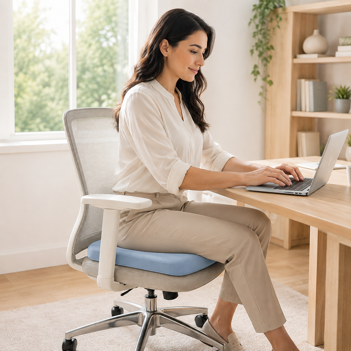 Complete set-up of ergonomic square seat pad on a workspace chair
